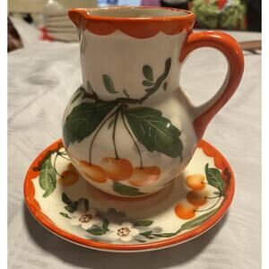 Erphila Czecho Slovakia Art Pottery Creamer Pitcher & Plate 5" Tall Hand Painted